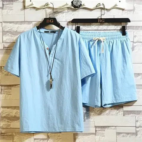 Men’s Summer Casual Suit – V-Neck T-Shirt & Drawstring Shorts