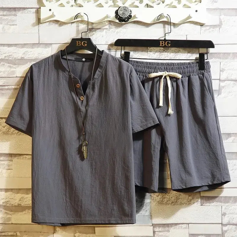 Men’s Summer Casual Suit – V-Neck T-Shirt & Drawstring Shorts