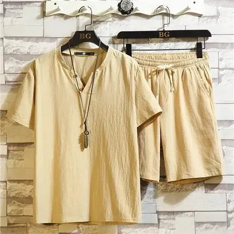Men’s Summer Casual Suit – V-Neck T-Shirt & Drawstring Shorts