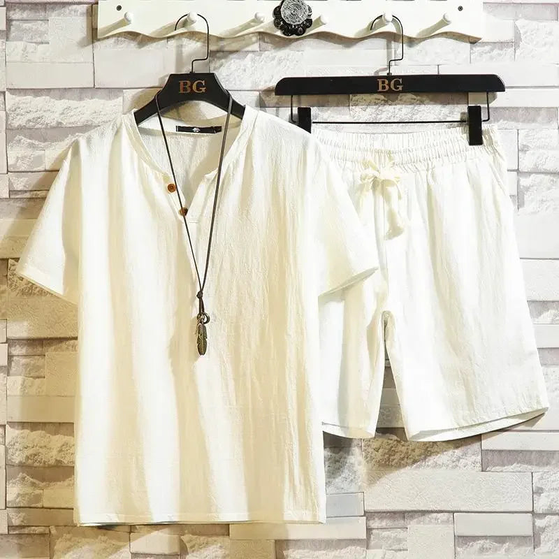Men’s Summer Casual Suit – V-Neck T-Shirt & Drawstring Shorts