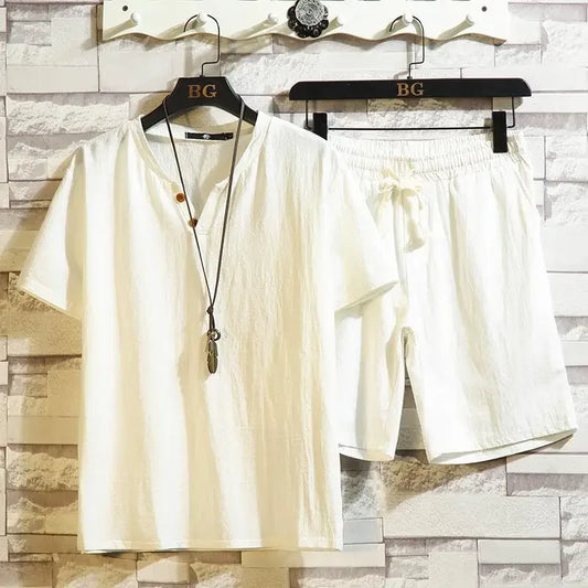 Men’s Summer Casual Suit – V-Neck T-Shirt & Drawstring Shorts