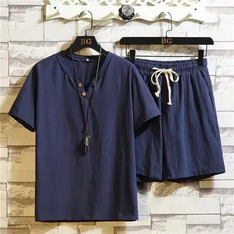 Men’s Summer Casual Suit – V-Neck T-Shirt & Drawstring Shorts