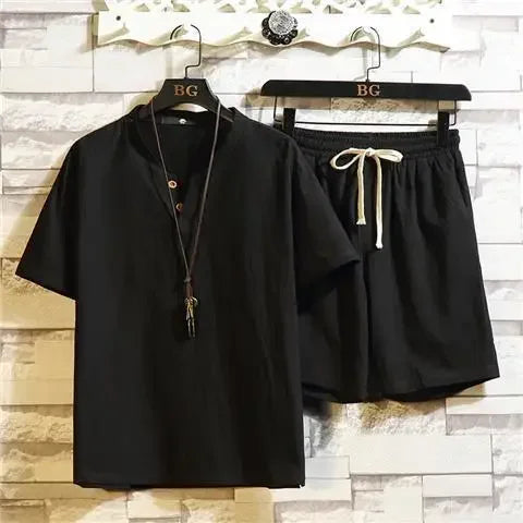 Men’s Summer Casual Suit – V-Neck T-Shirt & Drawstring Shorts